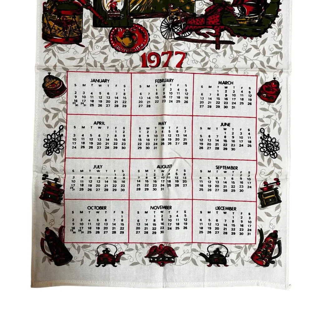 Vintage 1977 linen kitchen tea towel calendar dish cloth olive green deep red